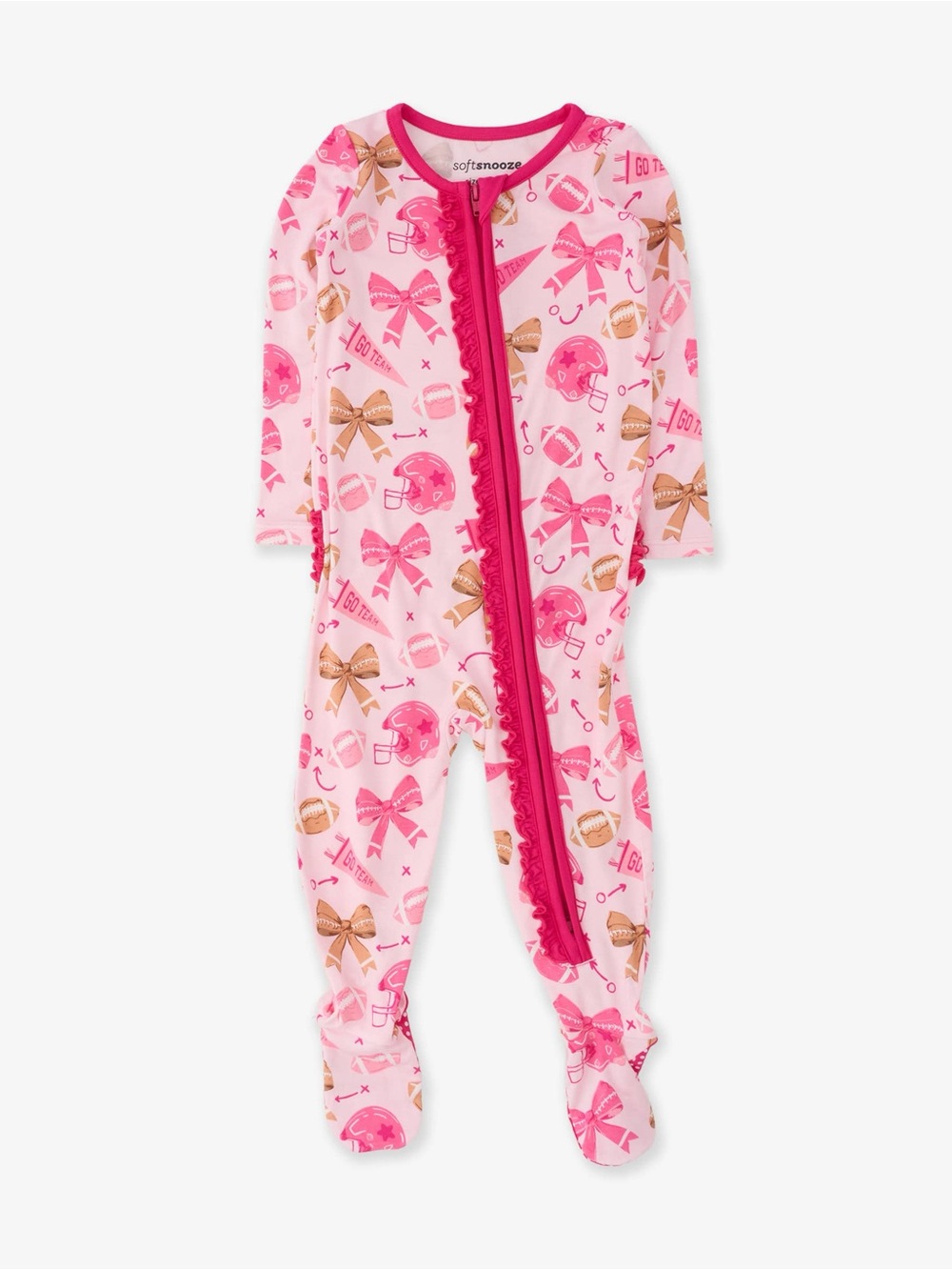 Rufflebutts Softsnooze Pink Football & Bow Footie 0-3 3-6 6-12 12-18 18-24 month